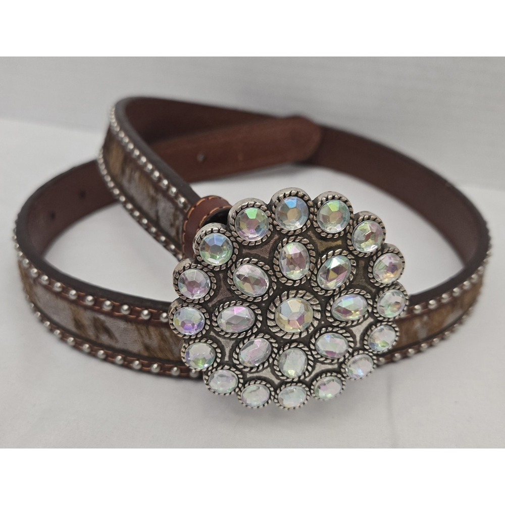 SSM Women's Cowhide Hair- on-Hide Rhinestone Leather Western Belt Size 30 Small